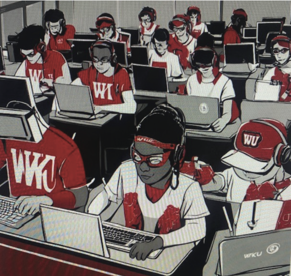 This art was made using AI source Magic Media through Canva. The prompt was to design “students in gear that say ‘WKU’ using computers.”